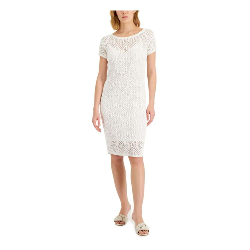 DONNA KARAN Womens White Lined Trim Pullover Short Sleeve Sheath Dress S